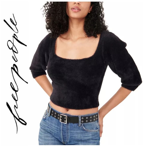 Free People Sweaters - 🆕️Free People Black Moonbeam Cropped Soft Boho-Chic Sweater SZ Medium